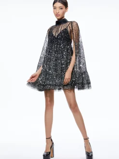 Alice and Olivia ZENON SEQUIN CAPE MINI DRESS BLACK/SILVER*DRESSES | DRESSES | CLOTHING