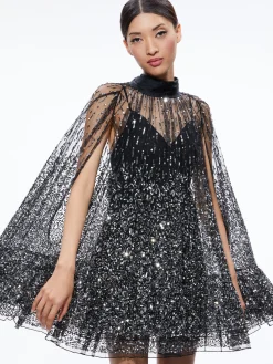 Alice and Olivia ZENON SEQUIN CAPE MINI DRESS BLACK/SILVER*DRESSES | DRESSES | CLOTHING