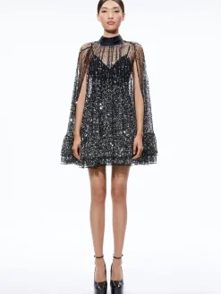 Alice and Olivia ZENON SEQUIN CAPE MINI DRESS BLACK/SILVER*DRESSES | DRESSES | CLOTHING